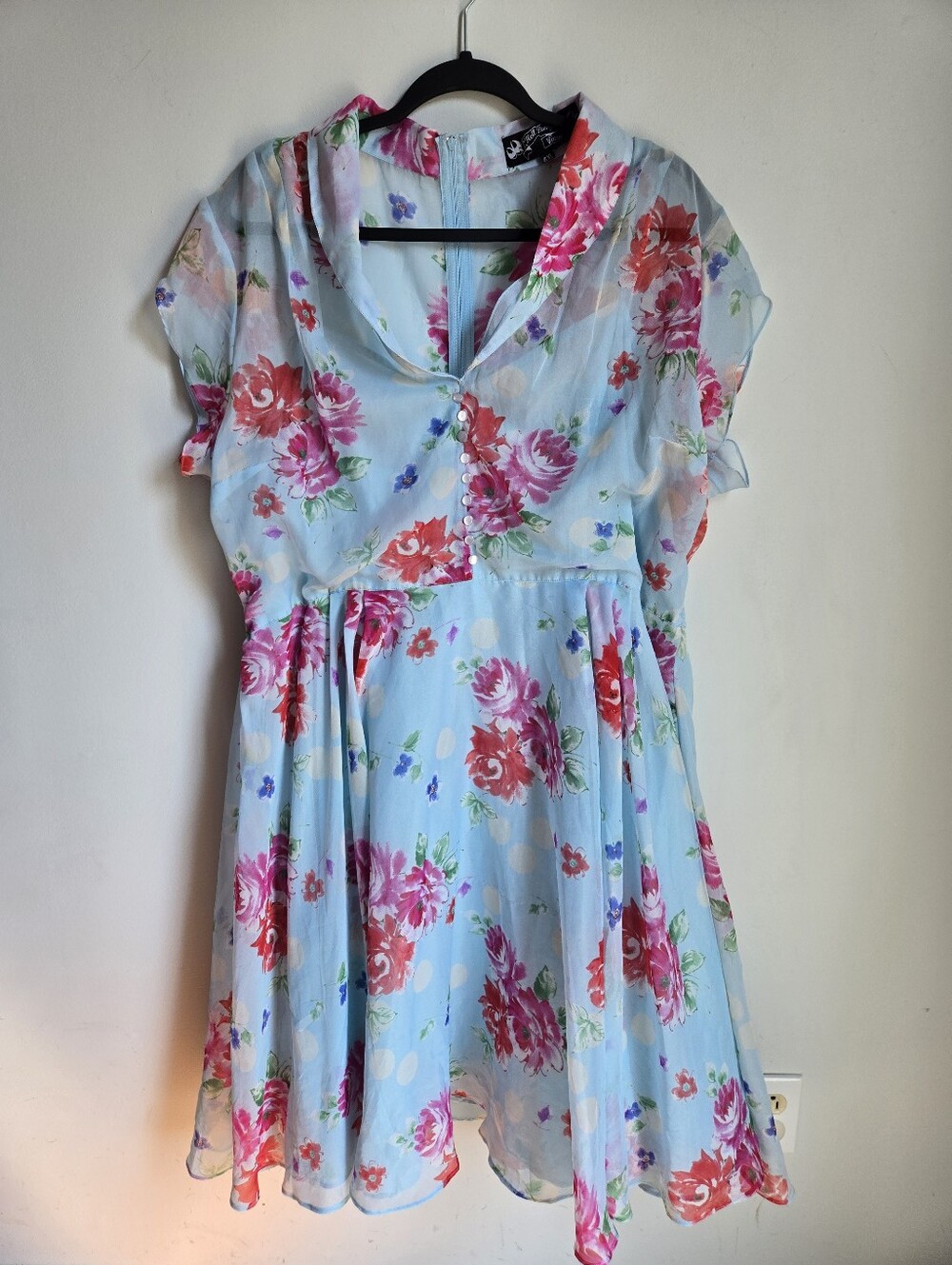 HELL BUNNY Light Blue Floral Fit & Flare Dress with Pink Roses